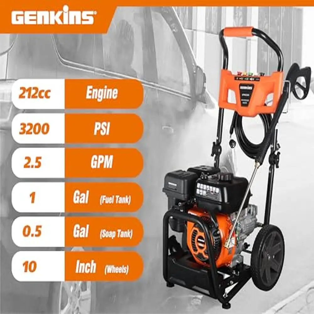 Gas Powered Foldable Pressure Washer 3200 PSI 2.5 GPM Soap Tank Five Nozzle Set Compact Deep Clean Stubborn Molds Sidewalks images - 6