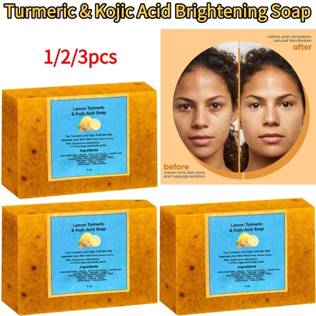 Savon biologique à l'acide kojique au citron et au curcuma pour les taches foncées, savon au curcuma pour le lavage du visage, éclaircit le correcteur de taches foncées, ton de peau tendre 1