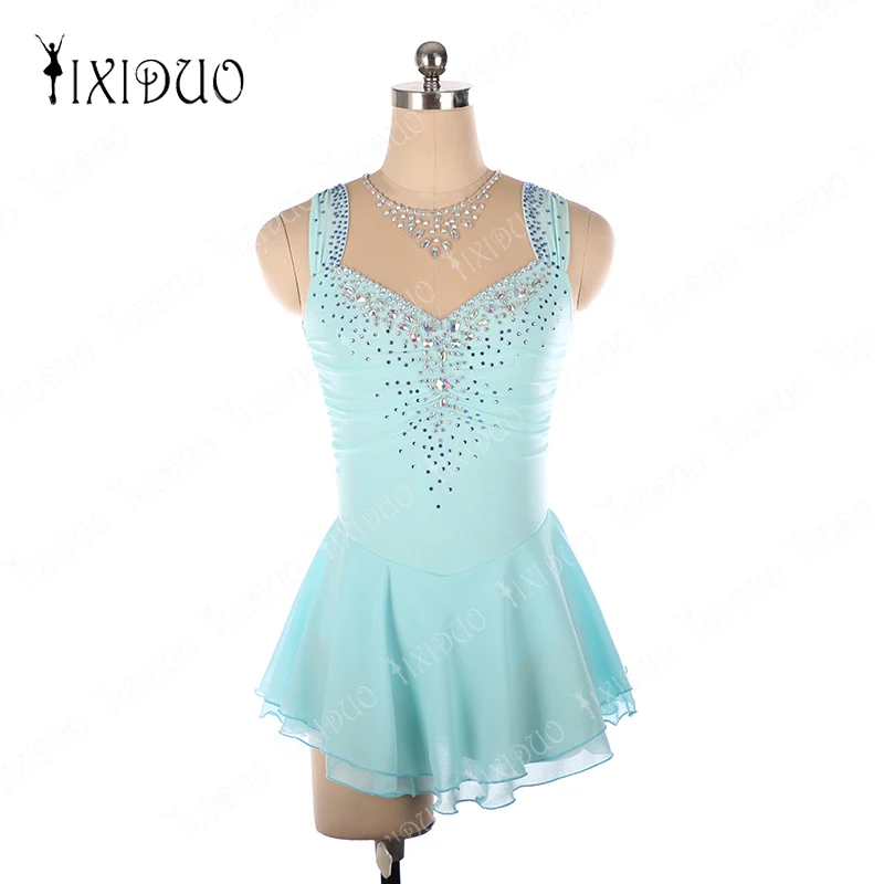 

Figure Skating Dress for Women Girls Ice Skating Light Blue Long Sleeve Sling Three-dimensional Flower Lace with Shiny Diamond