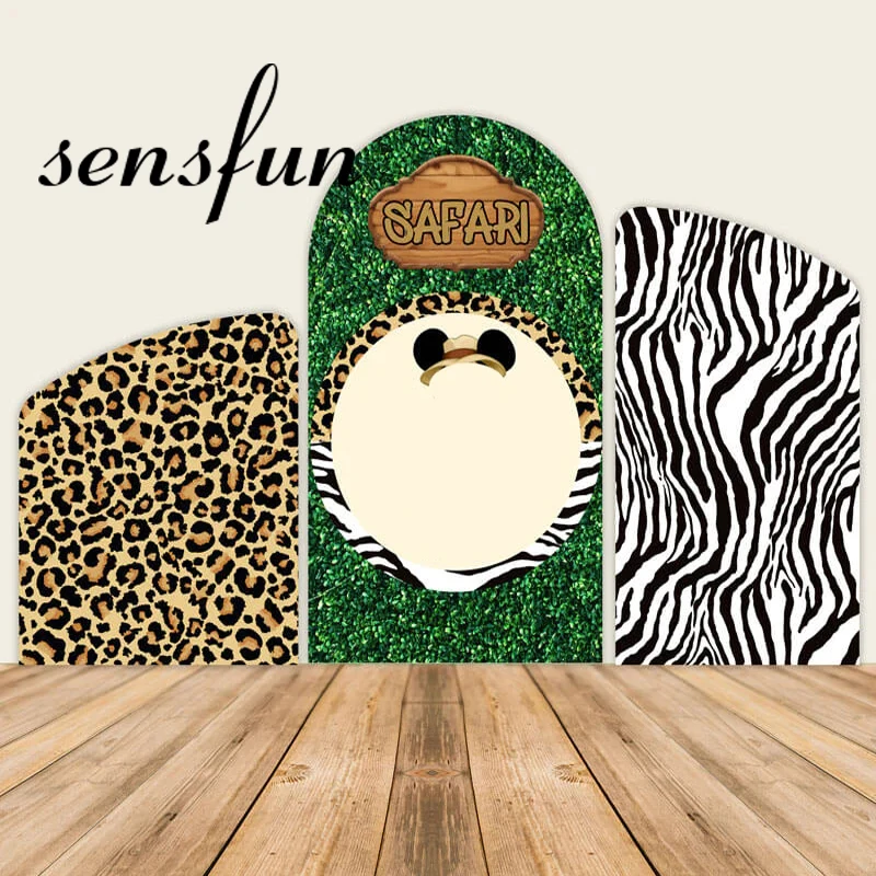 

Boys Safari Jungle Birthday Party Arch Backdrop Leopard Zebra Pattern Green Leaves Arched Wall Covers Customized Photo Text