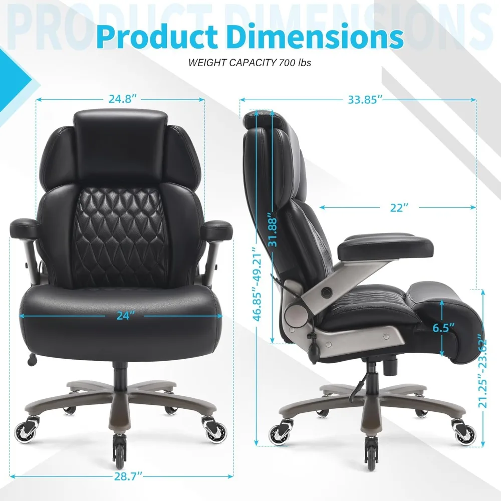 "sturdy ergonomic office chair for 700lbs capacity - adjustable headrest, lumbar support, 3d flip arms, large wheels, heavy duty