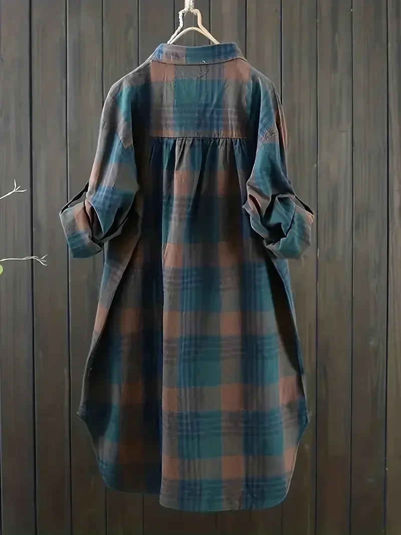 Women’s Spring/summer Plus Size 1XL-5XL Fashion Lapel Plaid Print Ladies Casual Long Sleeved Button Commuting Fashion Shirt Best Sellers In Plus Sized Clothing