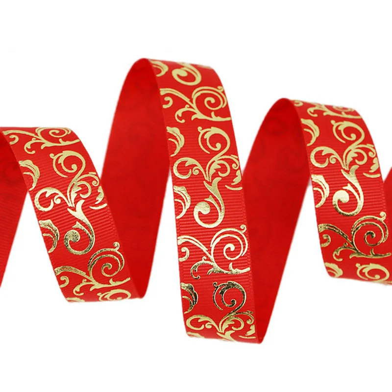 (10 Yards/lot)25mm Gold Hot Stamping Ribbons Printed Grosgrain Gift Packaging Wedding Accessories Materials Ribbon Decoration