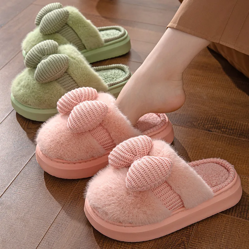 Women Fashion Plush Warm Bows Cotton Slippers Couple Winter New Thick Soft Sole Slides Men Indoor Floor Flat Home Non-slip Shoes 2