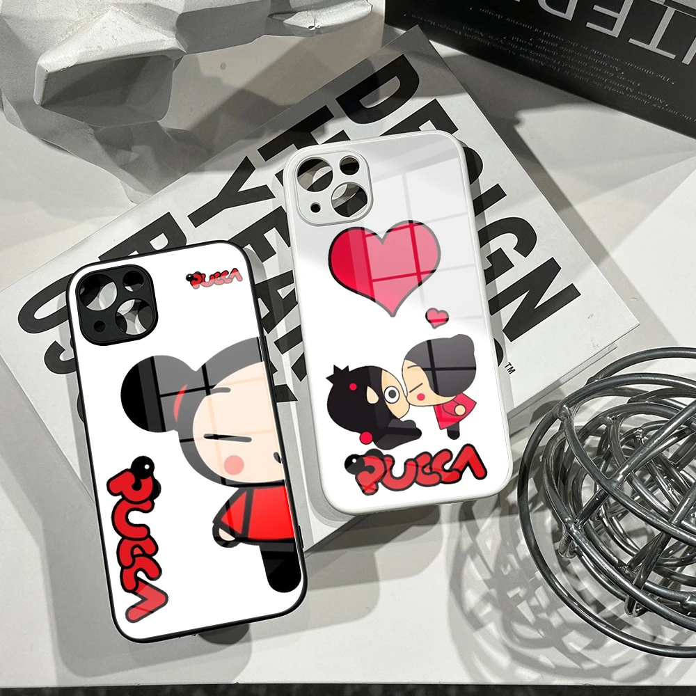 Per Iphone 15 Pro Fashion Cute Cartoon Pucca Custodia In Vetro Temperato Per Iphone14 11 12 Xr Xs Max Black White Cover