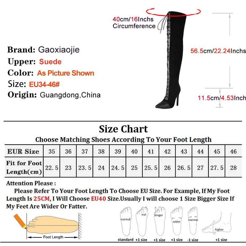 Women Stiletto Heel Long Boots Sexy Fetish Suede Lace-up Shoes Size 34-46 Fashion Pointed Over-the-Knee Boots Black Ladies Shoes