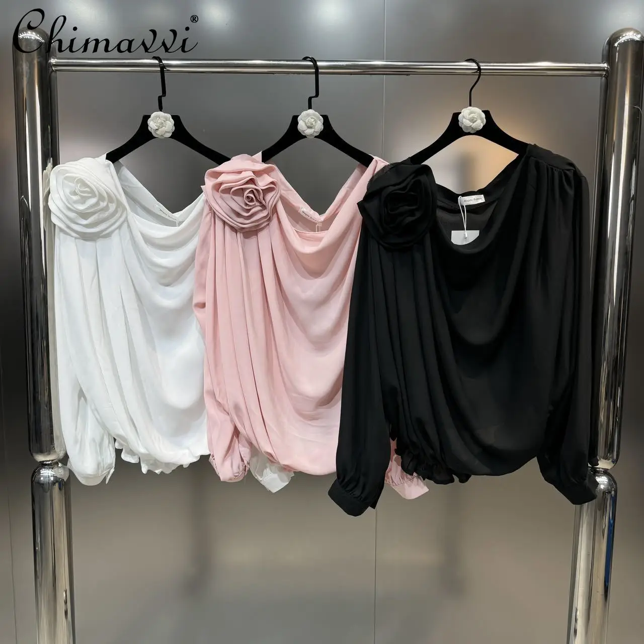 Commuter Shirt 2024 Spring Clothes New French Fashion Flower Pile Collar Pink Long Sleeve Shirt Loose Temperament Women's Top