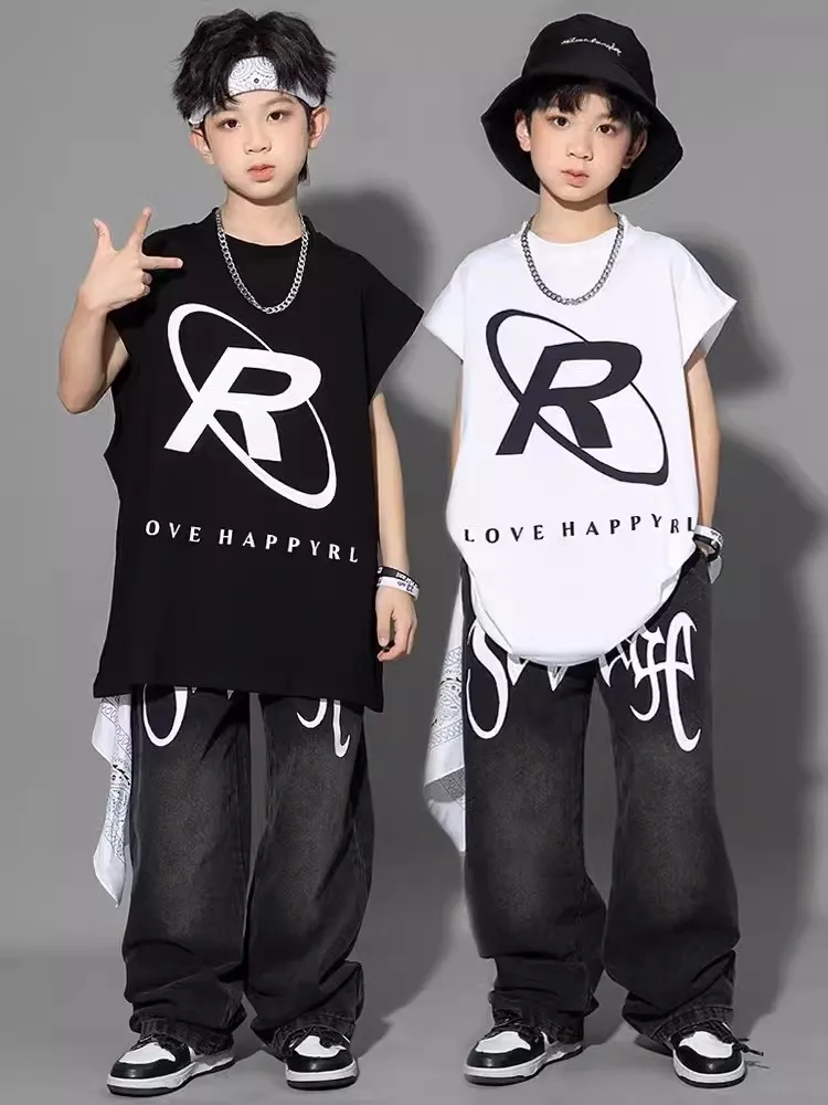 

Boys Hip Hop Dance Clothes Loose Vest Black Denim Pants Breaking Popping Street Dance Costume Girls Jazz Practice Wear BL11335