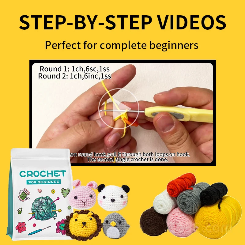 8Pcs Crochet Kit For Beginner Complete Crochet Knitting Kit Cute Animal Dolls Starter Pack with Yarn Keychain DIY Craft