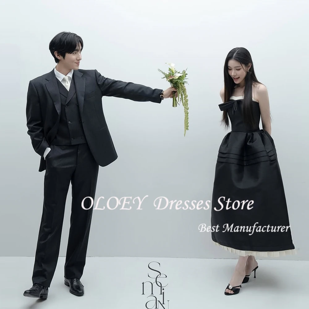 Strapless Black Wedding Party Dresses 한국 사진 촬영 Strapless Tiered Ankle Length 정장 이브닝 가운 맞춤형