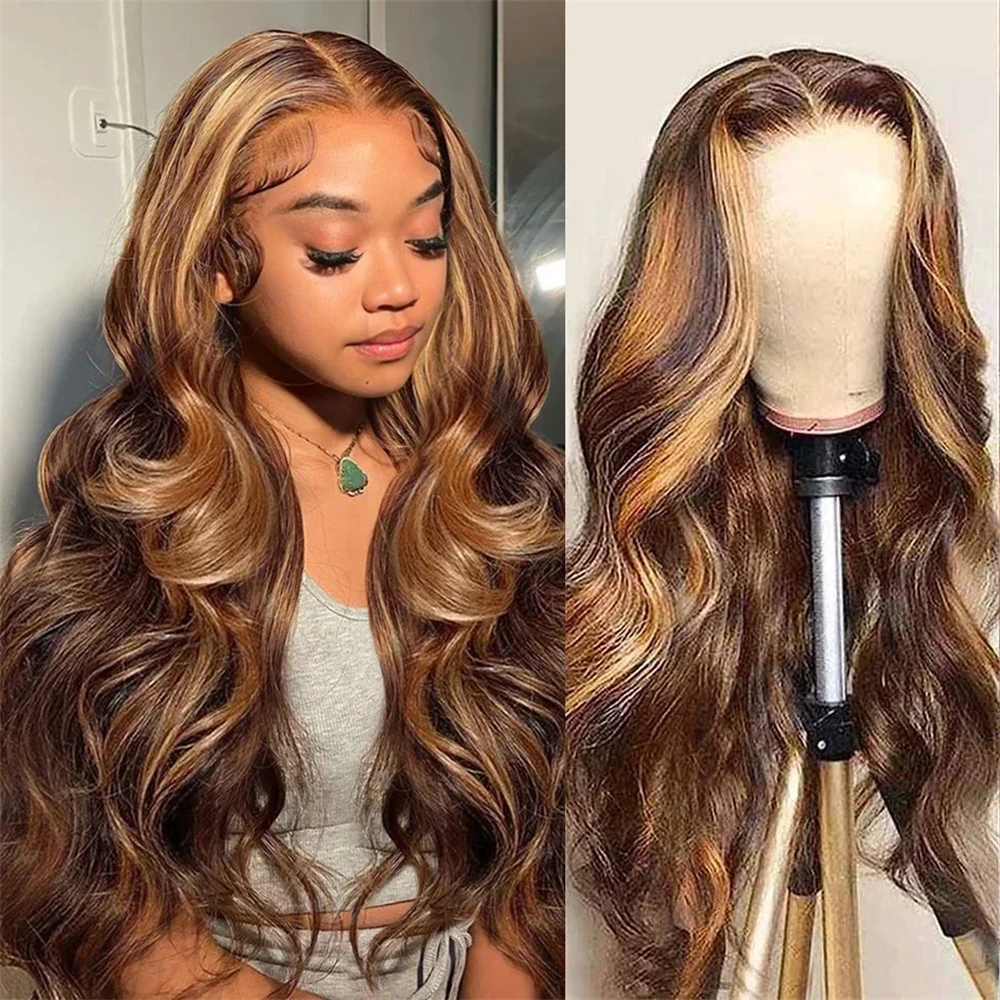 

Highlight Ombre Lace Front Wig Human Hair 4x4 13x6 HD Lace Body Wave Wigs 4/27 Honey Blonde Lace Frontal Wig Preplucked