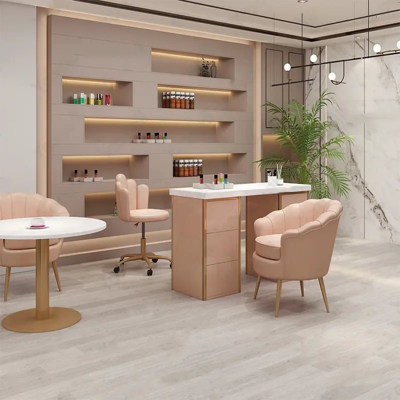 Manicure Table and Chairs Set Salon Nail Desk Light Pink