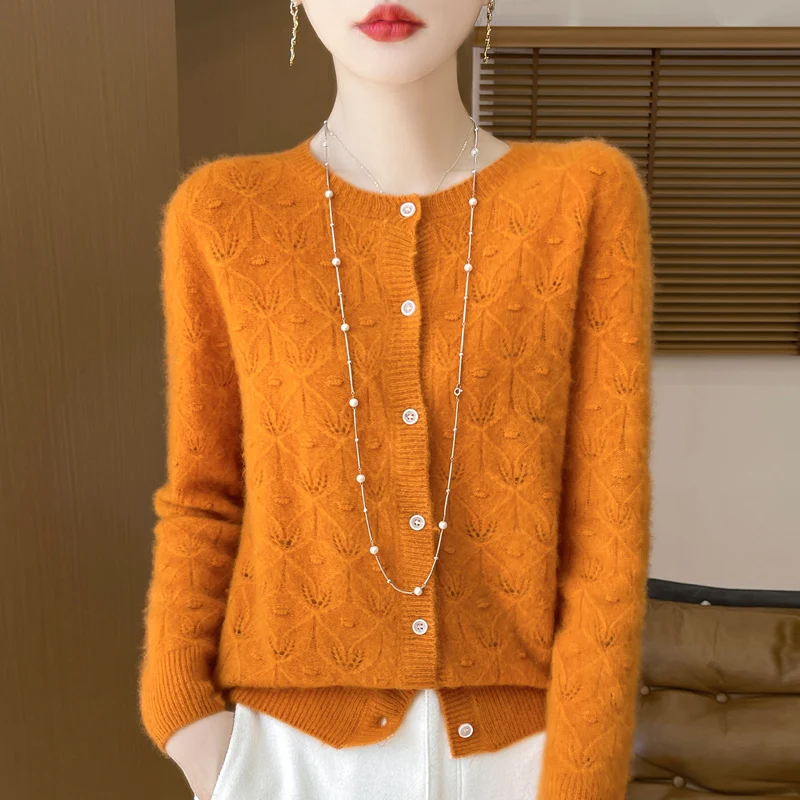 100% Merino Wool Long Sleeve Sweaters Cashmere Cardigan Autumn Winter Women Hollow-out O-Neck Knitwear Tops Clothing Fashion Top 4