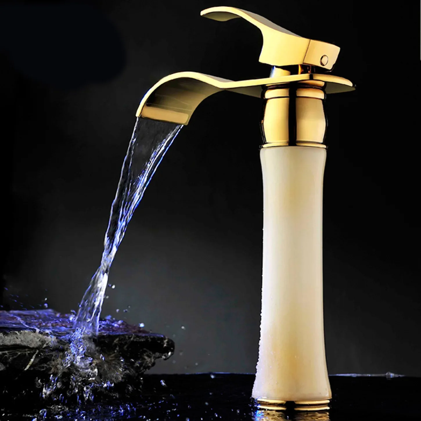 

Antique Natural Jade Golden Waterfall Faucet European Wash Basin Faucet Table Basin Hot and Cold Faucet