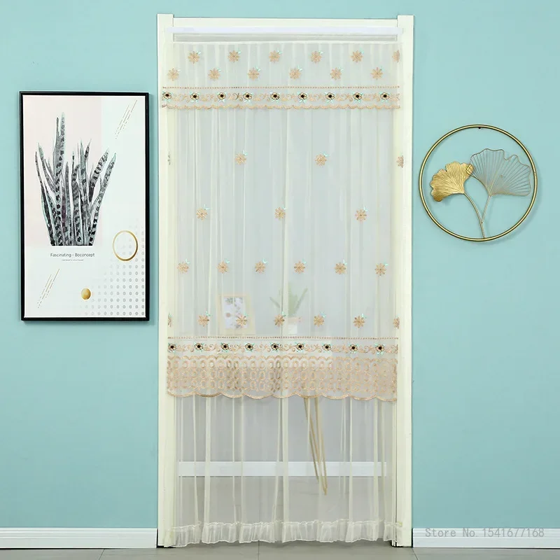 Punch-Free Mosquito Screen Door Curtain, Breathable Bedroom Partition Curtain, Double Layer Lace Embroidered Door Curtain, 1Pc