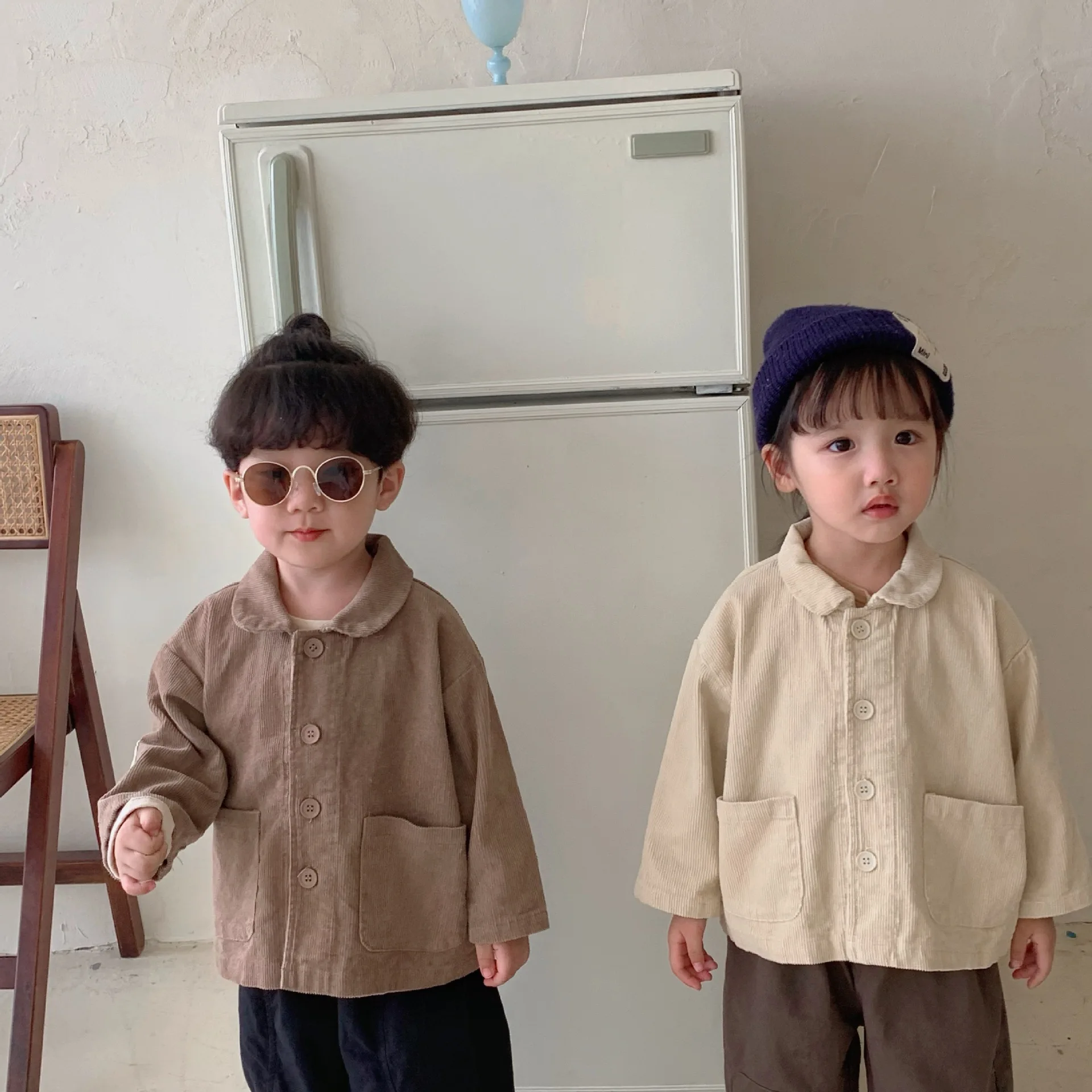 

3341C Children Coat Corduroy Jacket Autumn 2022 New Patchwork Long Sleve Girls' Jacket Cardigan Coat 1-7Year Boy's Coat