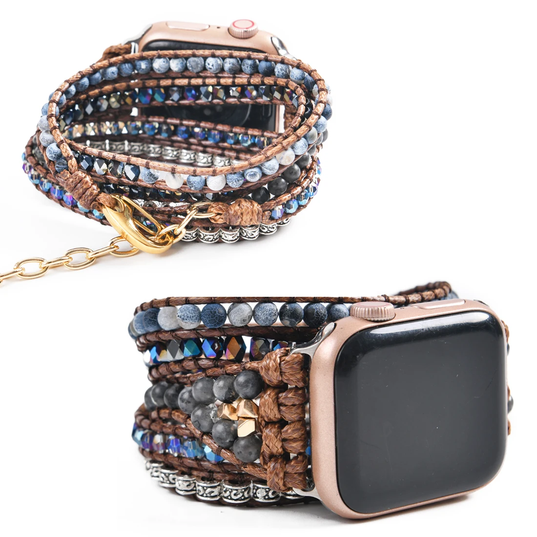 New Design Natural Stone Apple Watch Band Vegan Beaded Strap Smartwatch Bracelet For Iwatch Series 1-8 Accessories with Chain