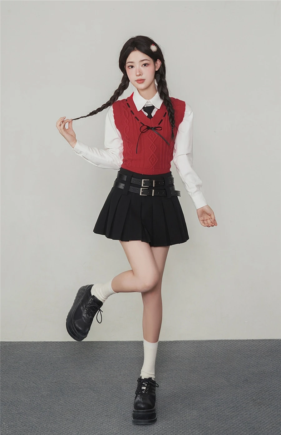 Preppy Style Korean Uniform Set Girls 4 Colors Knitted Vest Sweater Autumn Summer White Shirt Belt Pleated Skirt Red Plaid Retro