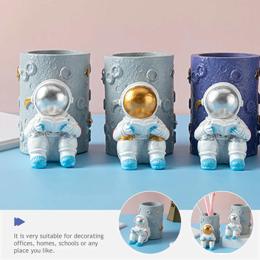 Astronaut Pen Holder Round Pen Holder Spaceman Figurine Statues Ornament Storage Pencil Holder Makeup Brush Holder Desk Decor 5