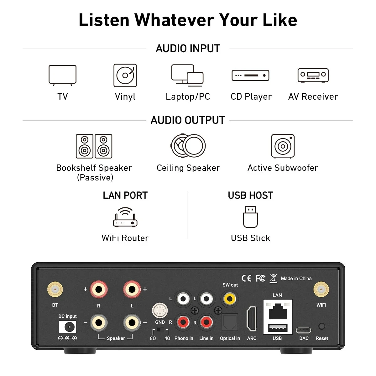 Arylic H50 Airplay2 Wireless 50Wx2 Stereo HiFi Stereo Amplifier ES9023P Sabre DAC QCC3040 Bluetooth 5.2 aptX HD Works with Alexa 2