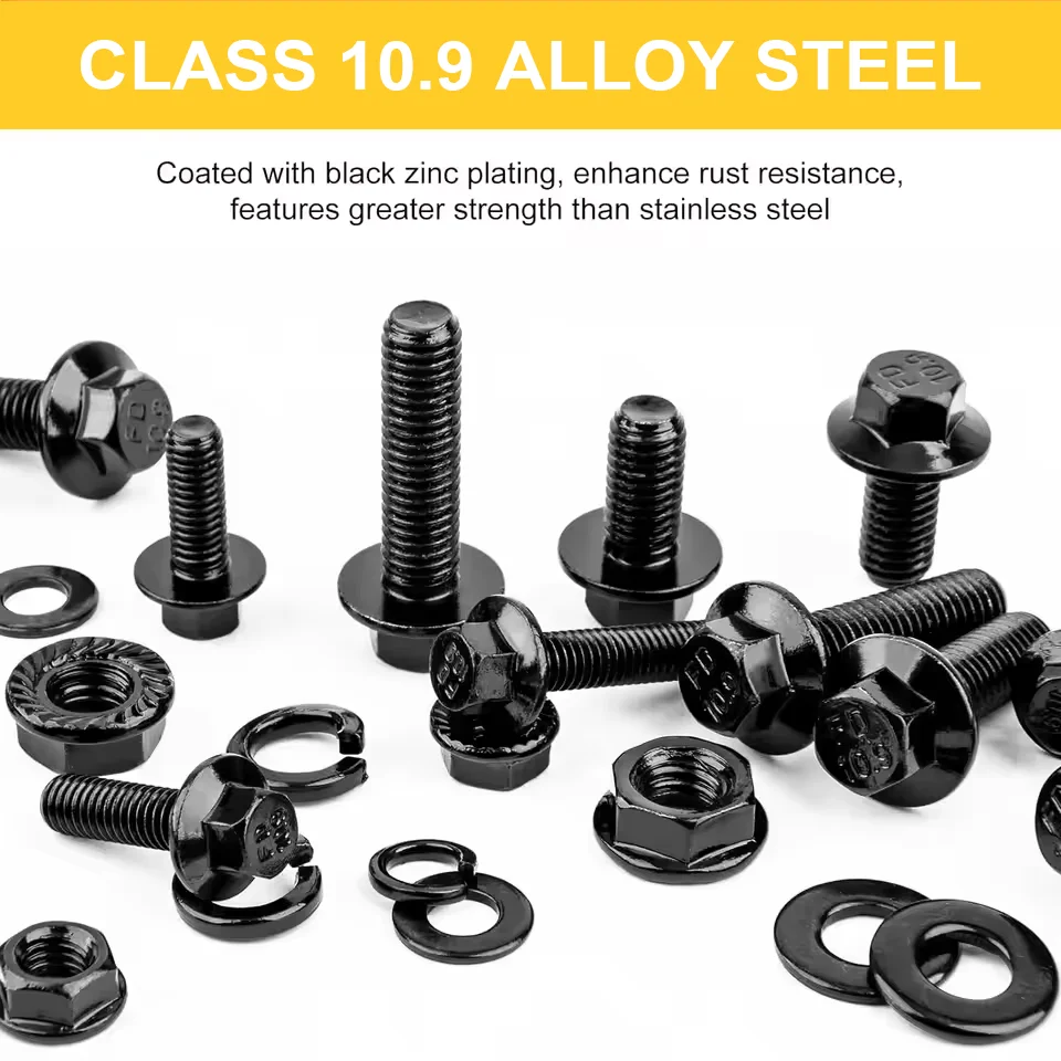 Outer Hexagon Flange Bolt Nut Screw Spring Gasket Combination Set Black Carbon Steel Screw Box Hardware 252pcs