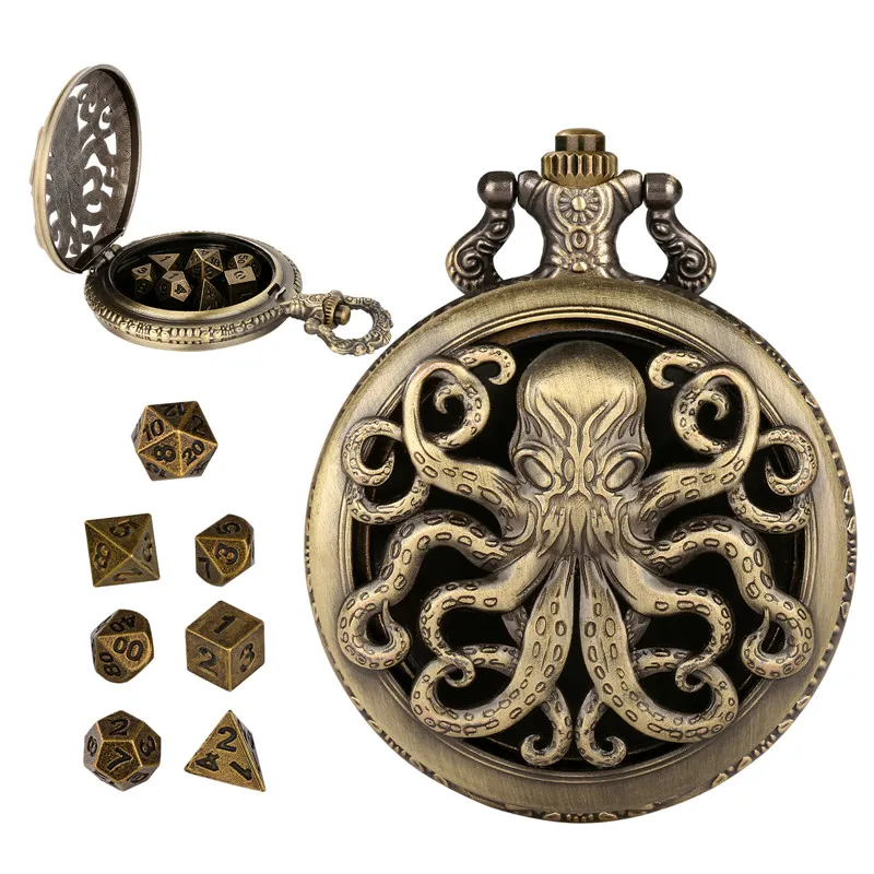 7 teile/satz Metall Polyedrische Würfel Set mit Hohl Octopus Taschenuhr Fall Fob Kette Gaming Würfel Zubehör für Rolle Spielen – Detail 3