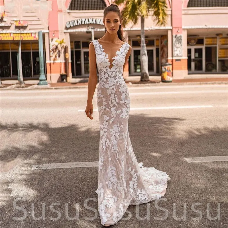 

EHETH Sleeveless Lace Mermaid Wedding Dress 2023 Beach Scoop Neck Stylish Backless Bridal Gown Custom Made Applique Sweep Train