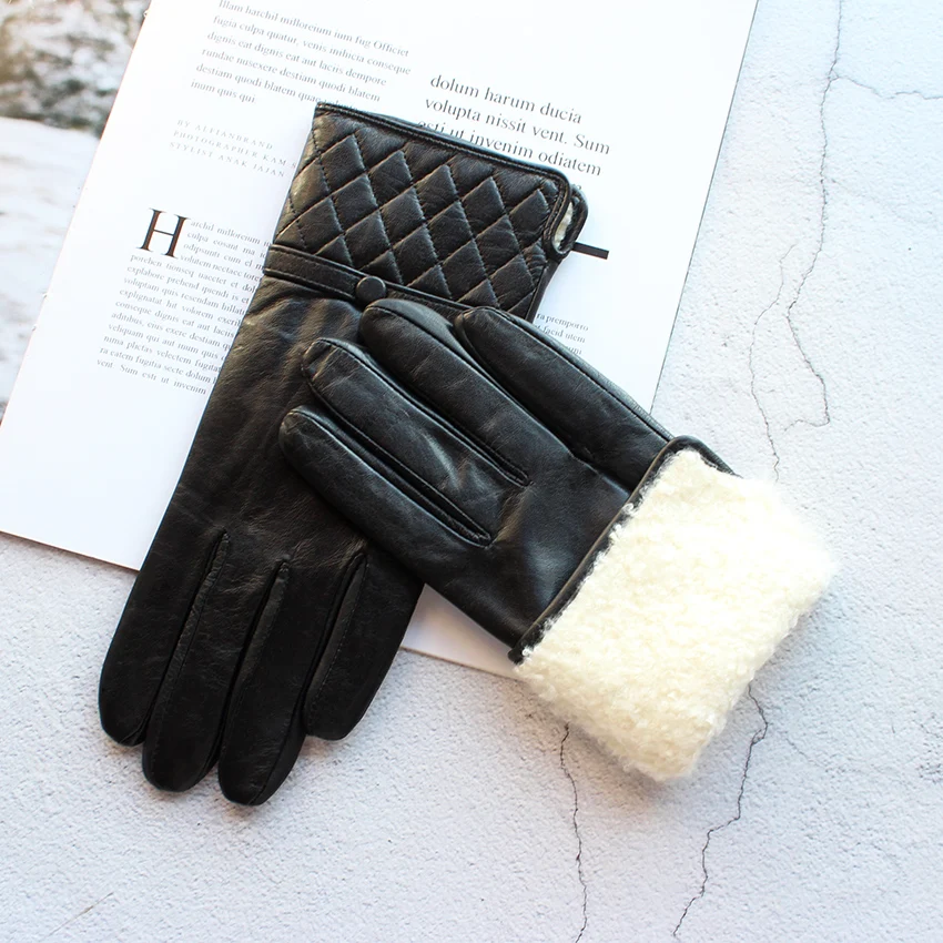 Women's Winter Thickened Sheepskin Gloves Lamb Fur Lining Leather Warm Fashion Motorcycle Riding Gloves Cold-Resistant Driving G