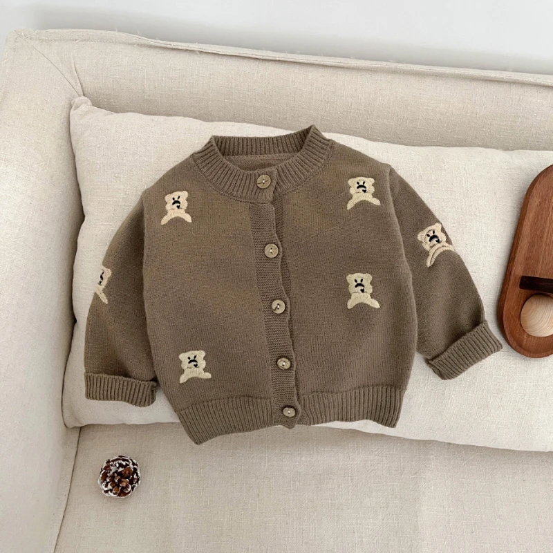 2025년 신상 겨울 패션 어린이 귀여운 곰 니트 패턴 따뜻한 외투 가디건