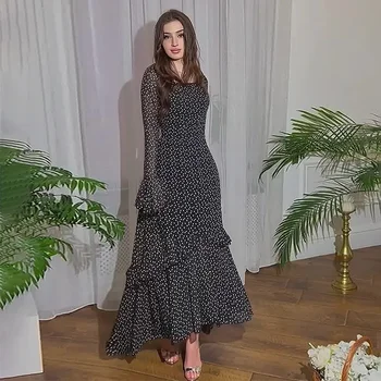 Women's Dress Elegant Fresh Sweet Polka Dot Print Asymmetrical Layered Long Sleeve Tie Details High Waist Slim Maxi Dress