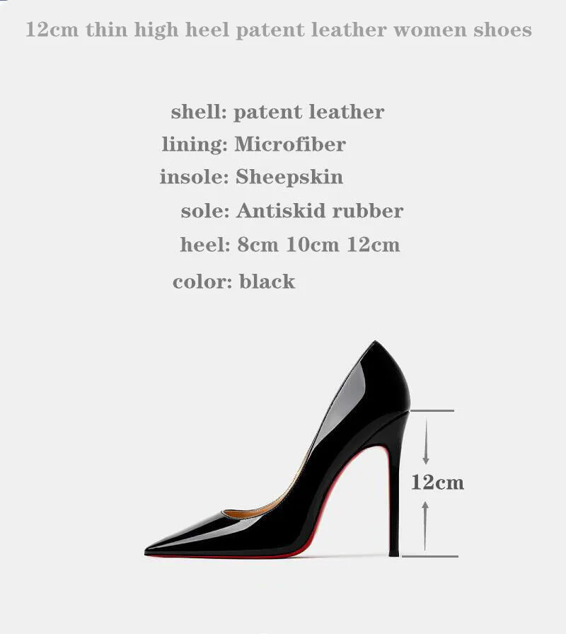 Red Bottom Pointed High Heel Shoes for Women Classic Pumps Black Toe Thin Heel 12 cm Sexy Wedding