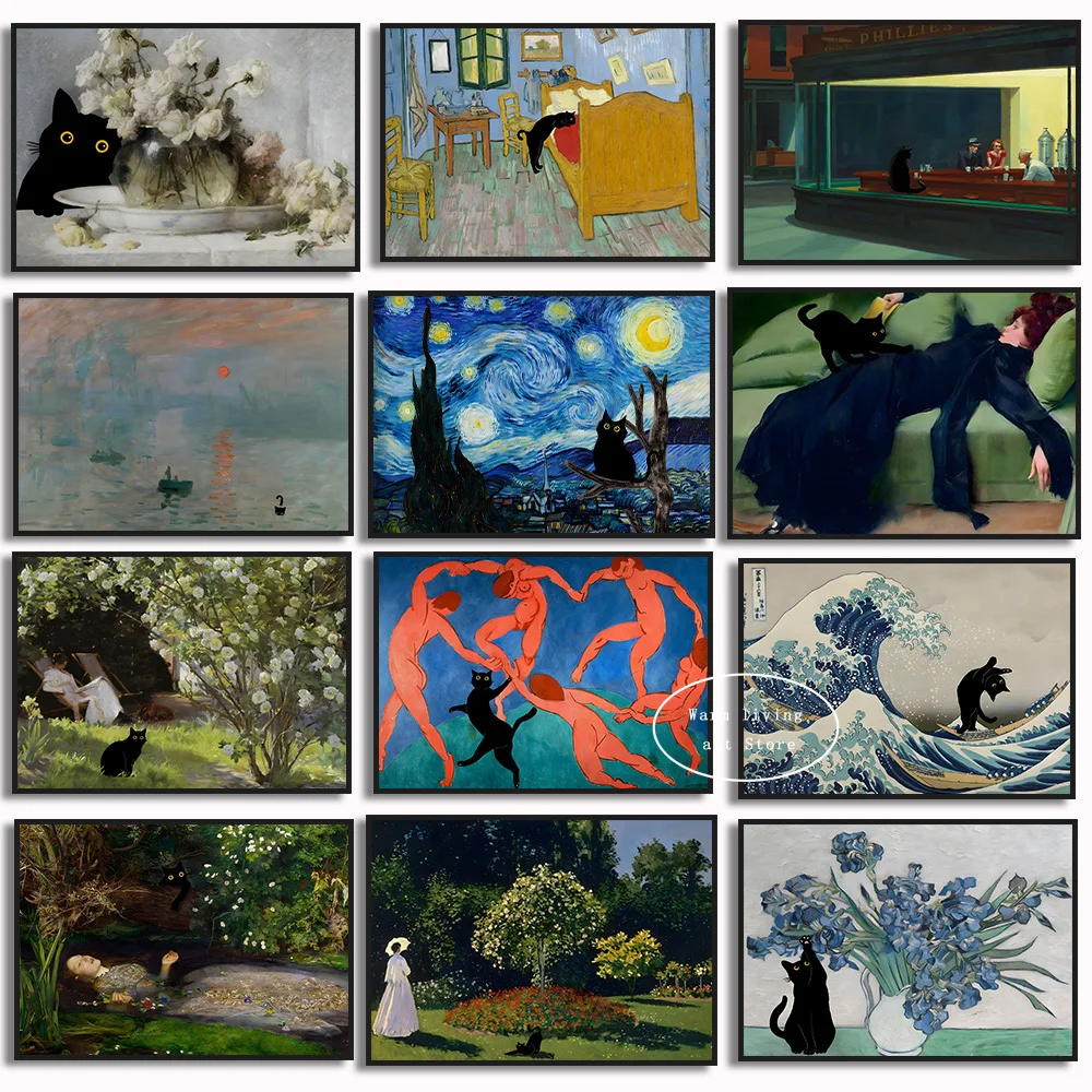 Funny Black Cat Van Gogh The Starry Night Hopper Nighthawks Monet Poster Immagini Canvas Painting Wall Art Prints Room Decor