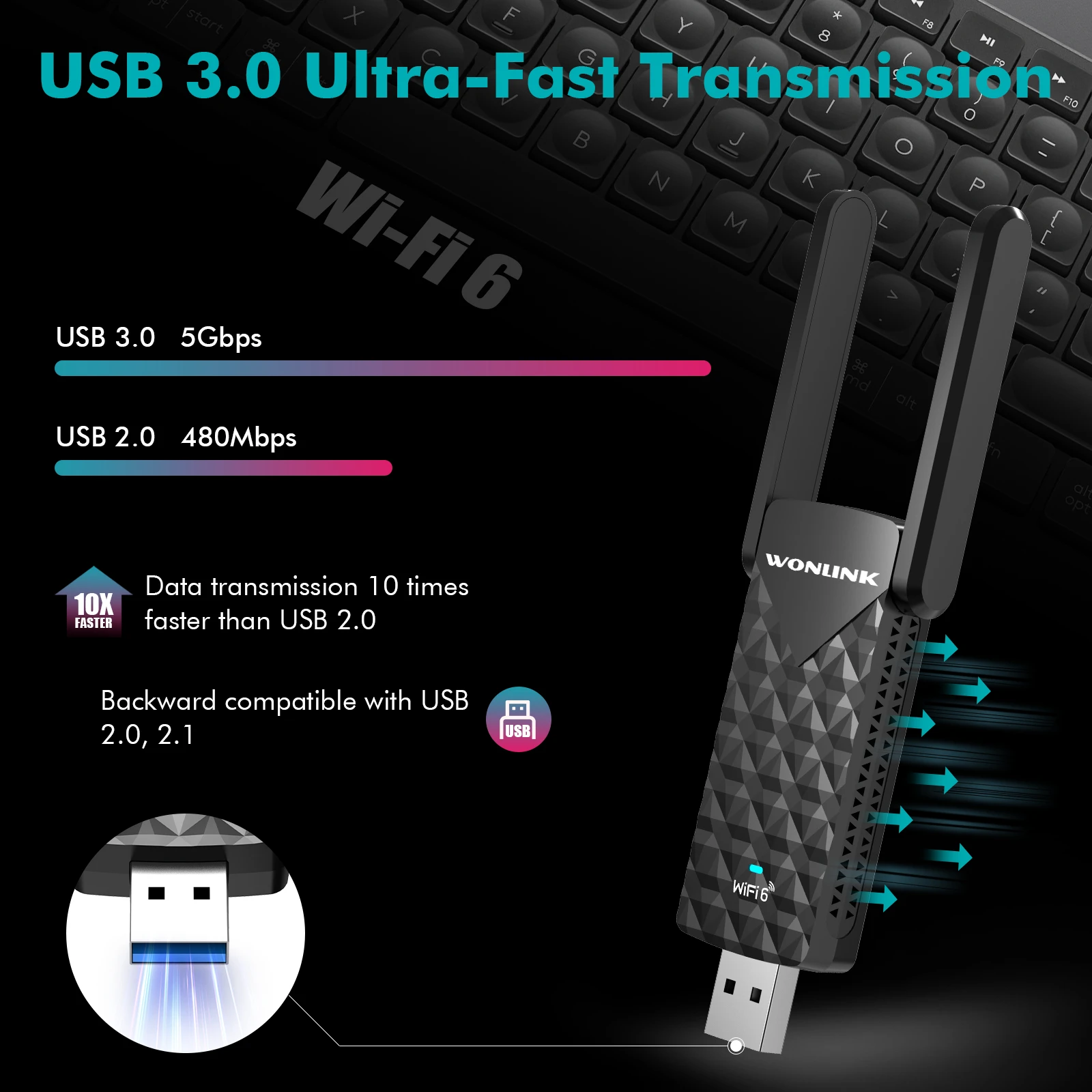 WiFi 6 Adapter AX1800 2.4G/5GHz Dual Band wireless WiFi Network Card WiFi Receiver USB 3.0 Dongle for Laptop Windows / Linux