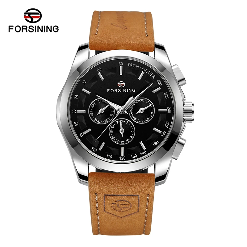 FORSINING Sports Automatic Mechanical Mens Wrist Watch Luminescent Analog Auto Day Date Suede Leather Strap Business Male Clock images - 6