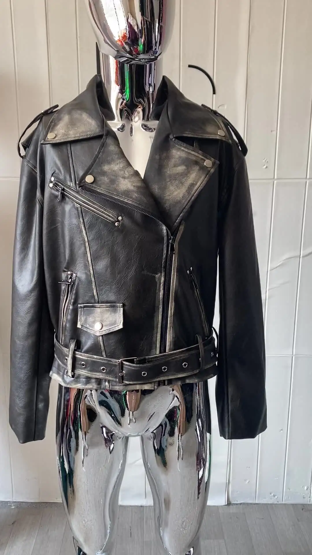 Marouicardi-男性用ブラックPUレザーバイカージャケット、ディスト