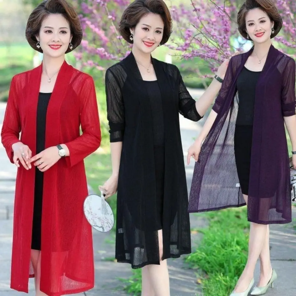 

New Chiffon Jacket Summer Sunscreen Clothes Thin Windbreaker Mid-length Outer Long Sleeve Shawl Cardigan Mother Clothing A245
