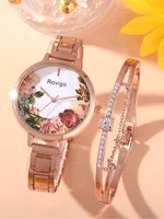 3PCs Women's Fashion Flower Plant Round Steel Band Quartz Watch+Diamond Star Bracelet Combination Set 1