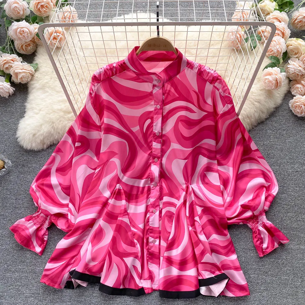 

Elegant Stand-up collar Shirts Women New Spring fashion design sense niche loose print oversized shirts for women tops 2022