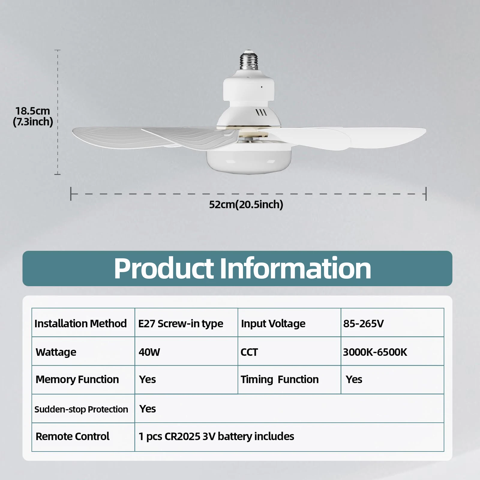 LED 52cm ceiling fan light E27 with remote control dimming, suitable for living room, bedroom, kitchen and home use, 85-265V 6