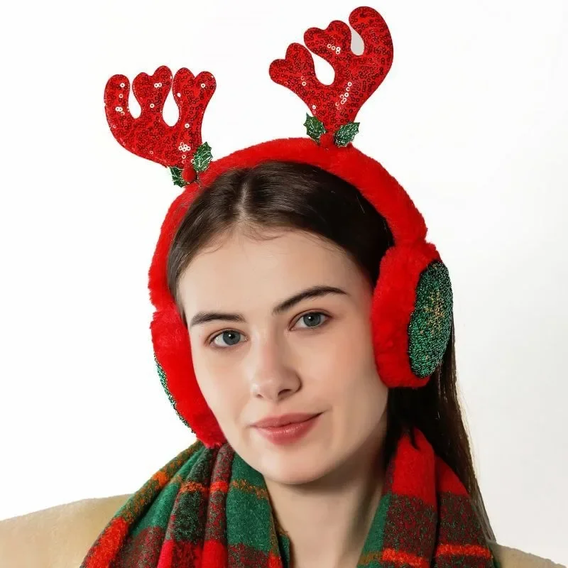 

New Christmas Cute Antler Earmuffs Christmas Tree Winterproof Earhat Adjustable Red Plush Earbag Women Ear Muffs