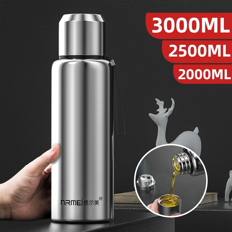 

2/3L Large Capacity Thermos Stainless Steel Vacuum Flask Outdoor Portable Car Coffee Insulated Water Bottle Rope Filter BPA Free