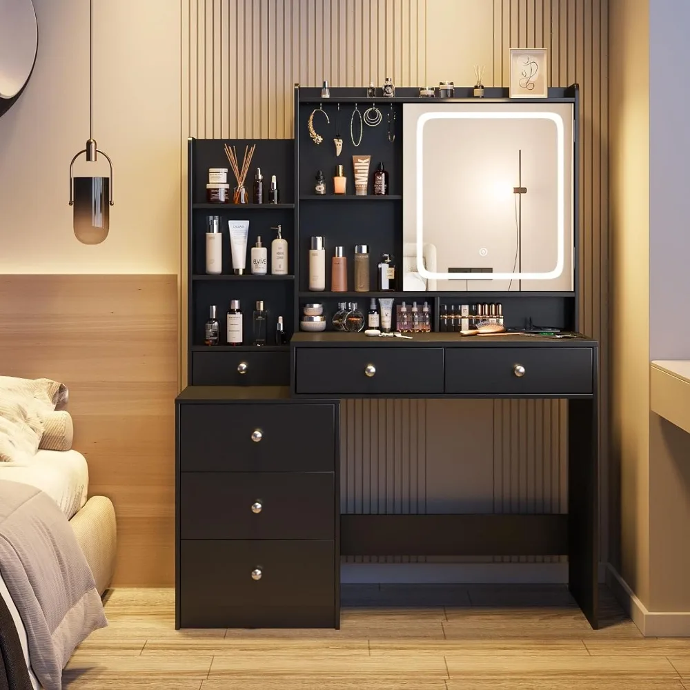 Vanity Desk with Mirror and Lights,Makeup Vanity with 6 Drawers and Shelves,Vanity Table Power Outlet,Makeup Desk