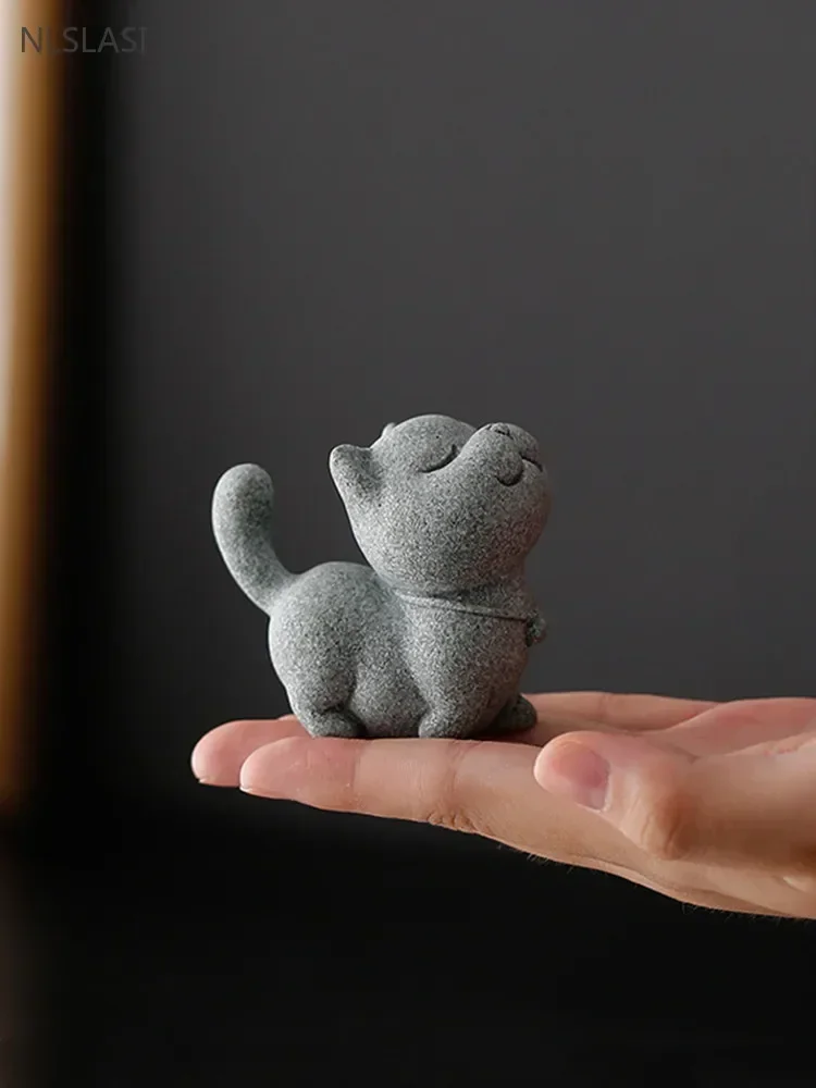 Tea Pet Ornaments Stone Carving Kitten Sculpture Handmade Tea Pet Chinese Tea Tray Decoration Fish Tank Potted Tabletop Ornaments