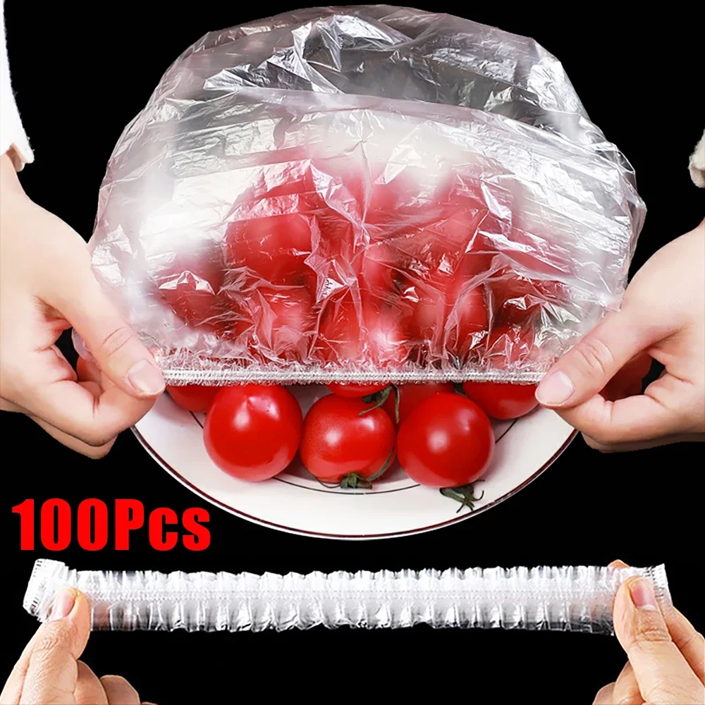 

100/10Pcs Disposable Food Cover Plastic Elastic Wrap Food Lids For Fruit Vegetable Fresh-keeping Bags Kitchen Storage Saver Bag