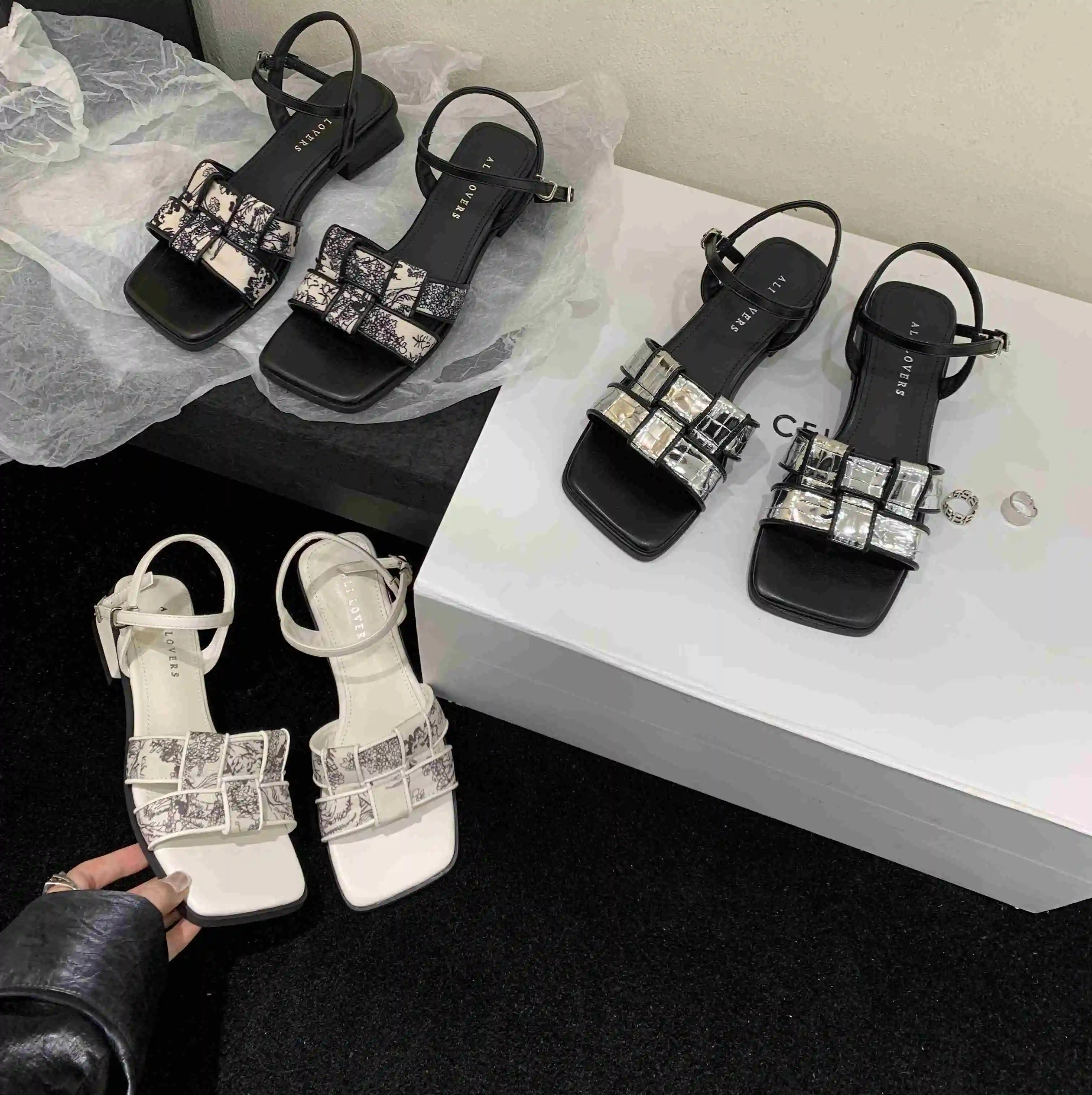 Summer Fashion Weave Shoes Women's Heeled Sandals Open Toe Strappy Low Block Heels Sandals