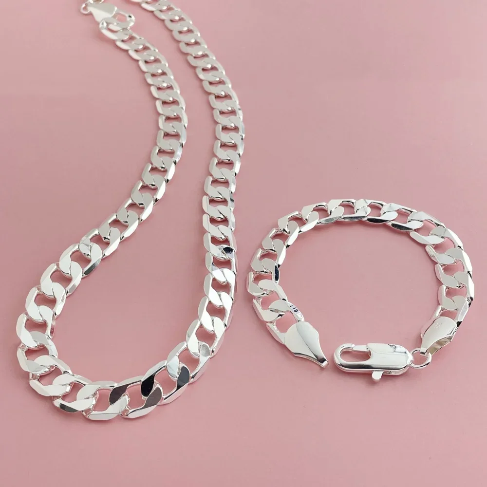 925 sterling silver 12MM side chain bracelet 23CM necklace jewelry set, suitable for men's daily wear