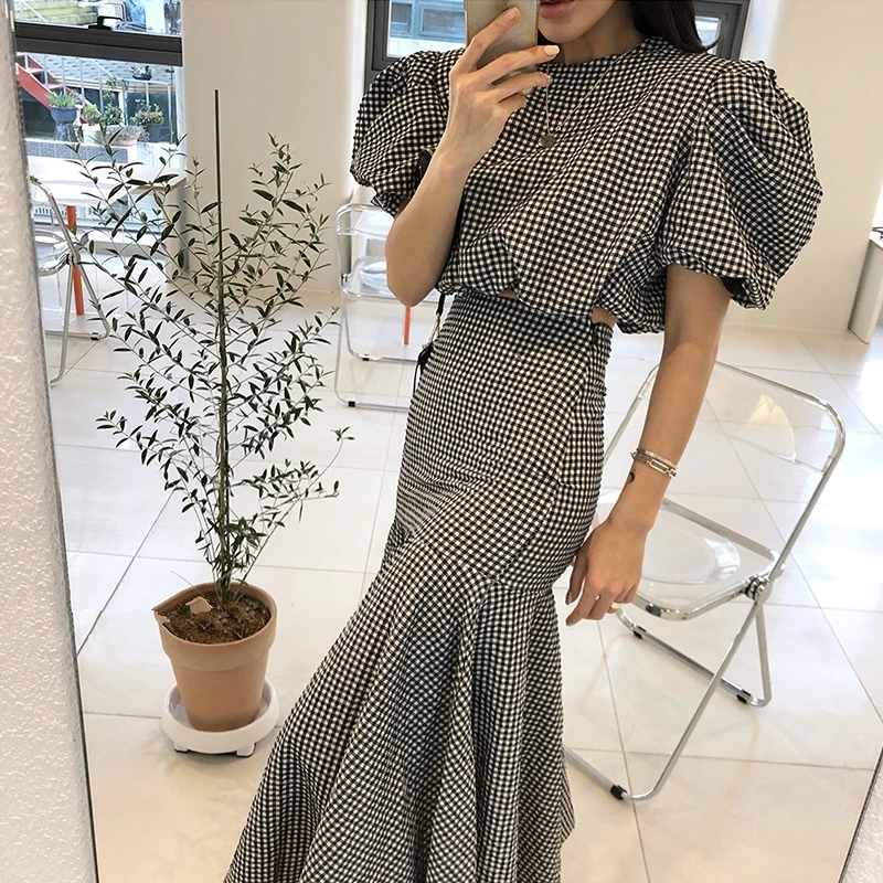 Spray Half-Zip Retro Checked Tops＆Mermaid-Skirt main image 1