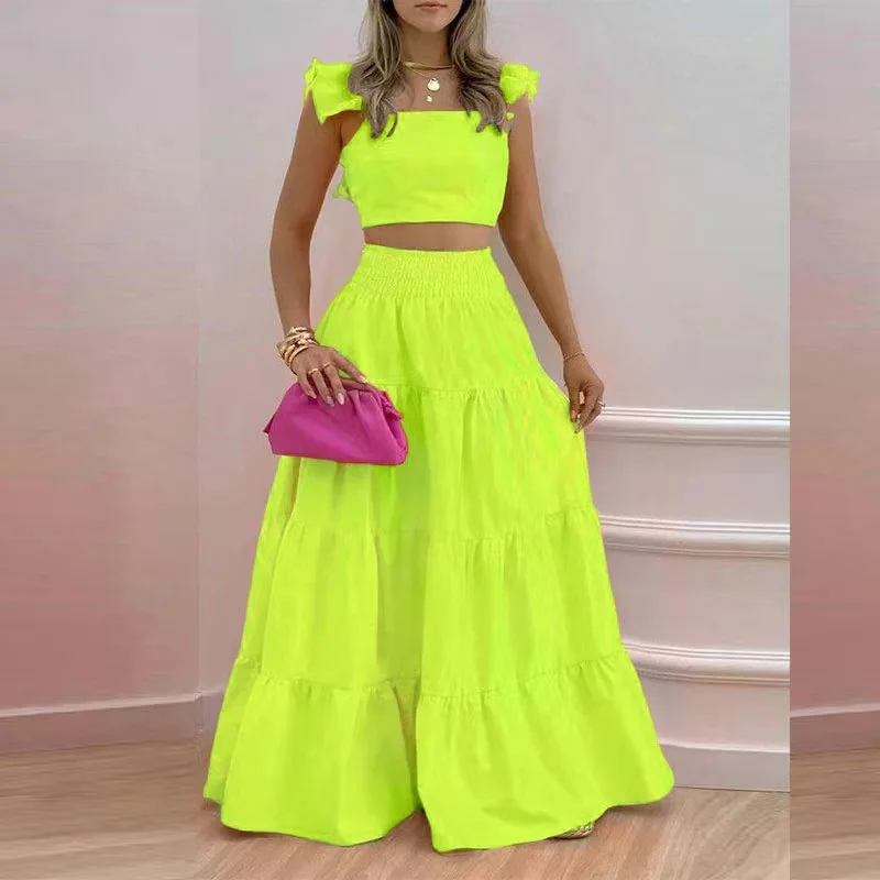 Floral Print Chiffon Dr Set Women's Summer Faion Slimming ular f-length Skirt Two-piece Set round Ne ort Sve
