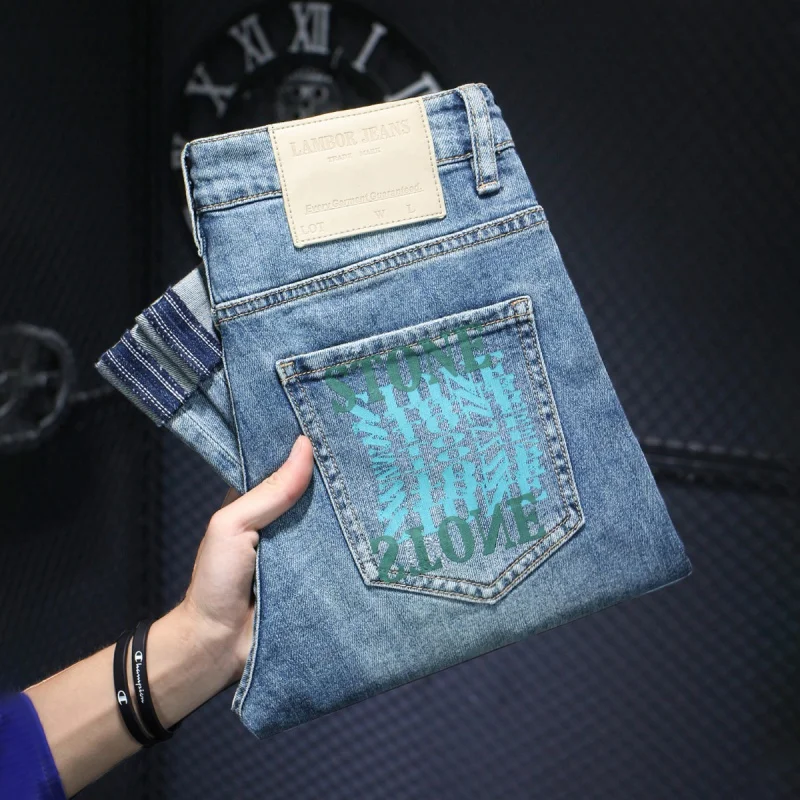 New Style Men'S Jeans For Spring And Summer Are Soft Breathable Retro Trendy Fashionable Printed Elastic Slim Fit Straight