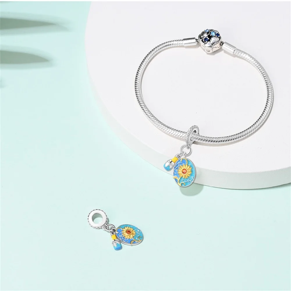 Gorgeous 925 Sterling Silver Van Gogh's Sunflower Painting Brush Charm Fit Pandora Bracelet Women's Anniversary DIY Gift